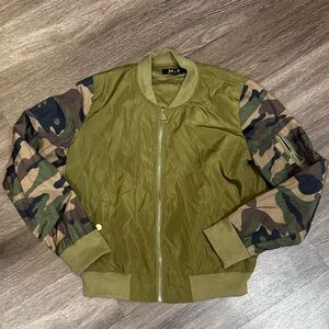Olive Green Bomber Jacket with Camouflage Sleeves